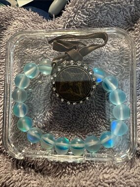 Light  Blue Beaded Bracelet with Rhinestone Pendant. Inspired upcycled